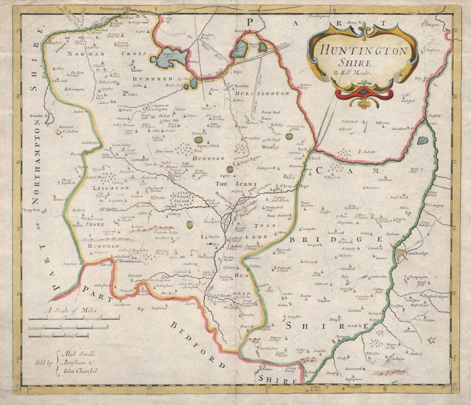 Huntingdonshire & NW Cambridgeshire. HUNTINGTON SHIRE. MORDEN. Coloured 1722 map